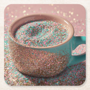 Y2K Sparkly Pastel Pink and Teal Glitter Cup Square Paper Coaster