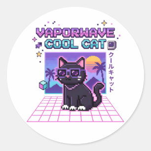 Y2K Vaporwave Pixel Cool Cat Graphic Hoodie   Past Classic Round Sticker