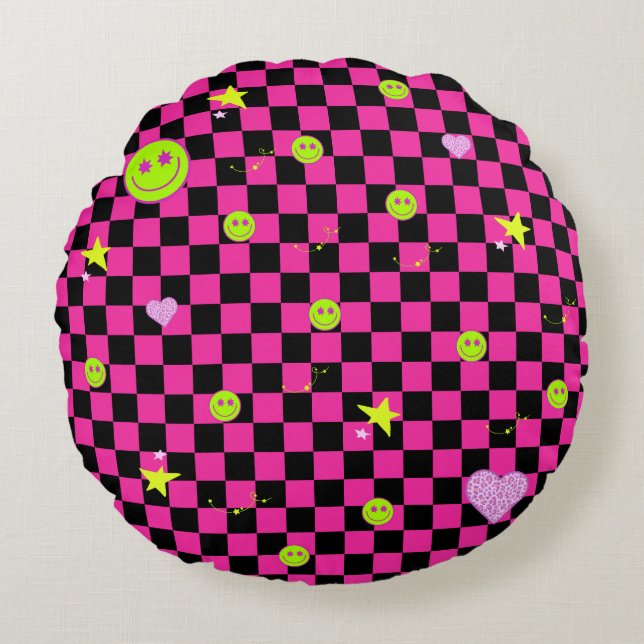 Y2K vivid pink is cute checkered pattern  Round Pillow (Front)