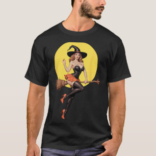 Y Halloween Witch Pin-up Girl Riding A Broomstick  T-Shirt