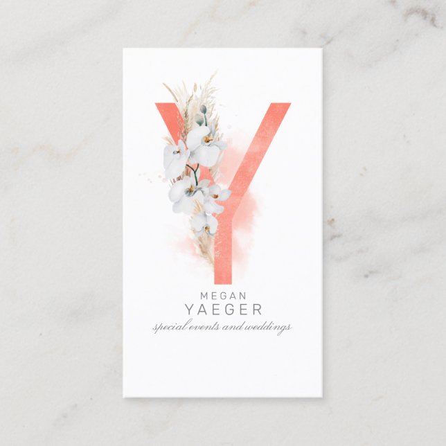 Y Letter Monogram White Orchids and Pampas Grass Business Card (Front)