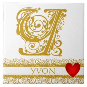 Y Monogram Name Gold Lace Red Heart Template Tile