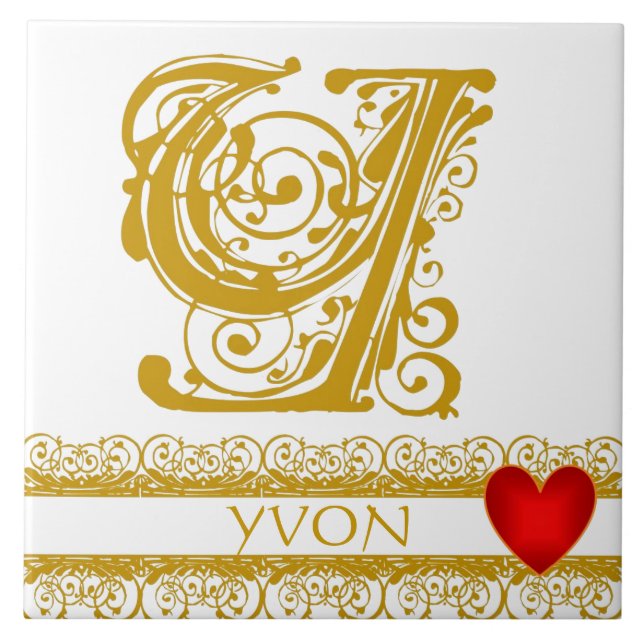 Y Monogram Name Gold Lace Red Heart Template Tile (Front)