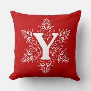 Y of JOY Beautiful ornate Snowflake red Christmas Throw Pillow