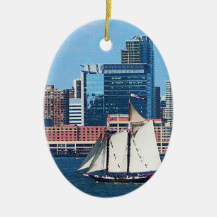 Yacht Against Manhatten Skyline Ceramic Ornament
