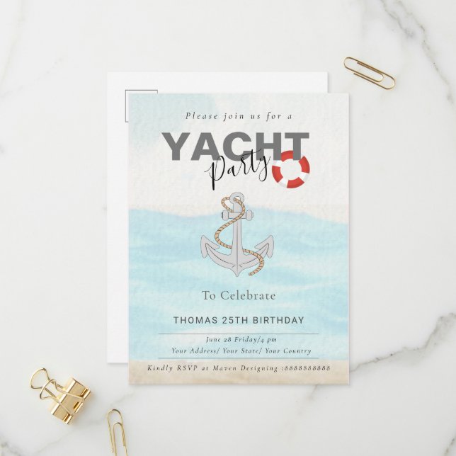 Yacht Boat Cruise Birthday Party  Invitation Postcard (Front/Back In Situ)
