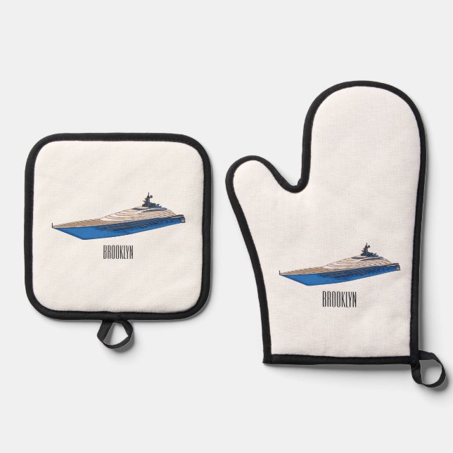 Yacht cartoon illustration  oven mitt & pot holder set (Front)