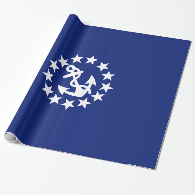 Yacht Flag Anchor Stars Symbol on Blue Wrapping Paper (Unrolled)