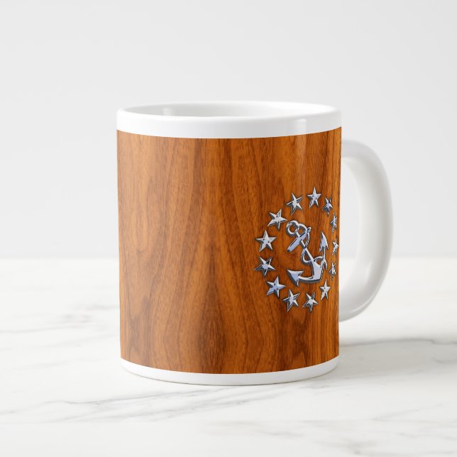 Yacht Flag Symbol on Nautical Teak Wood Print Large Coffee Mug (Front Right)