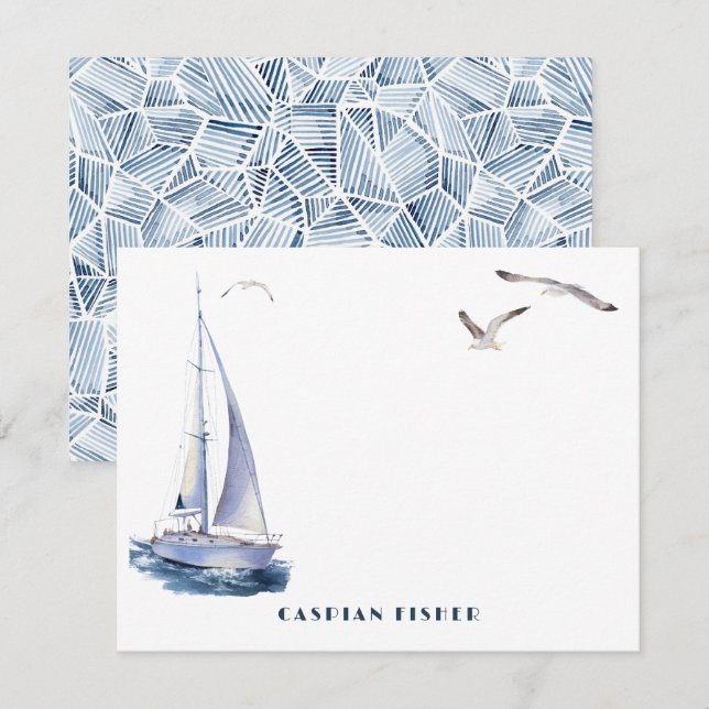 Yacht & Seagulls Watercolor Stationery Note Card (Front/Back)
