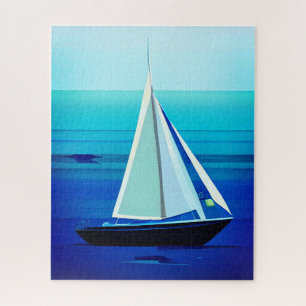 Yacht Under Sail, Cobalt Blue Jigsaw Puzzle