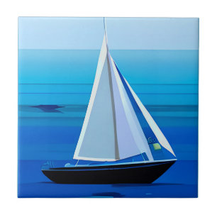 Yacht Under Sail, Cobalt Blue Tile