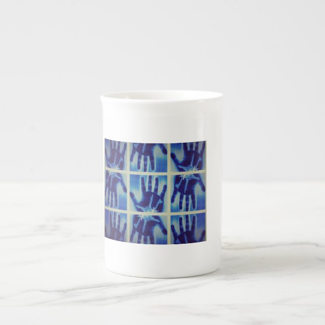yaei creepy blue hand    bone china mug (Front)
