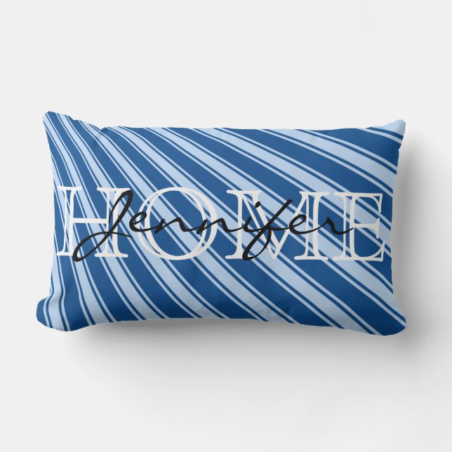 Yale Blue Colour Stripe Pattern Home Monogram Lumbar Pillow (Front)