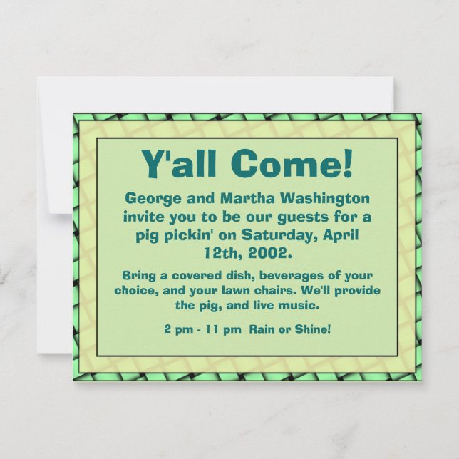 "Y'all Come" Informal Party Invitation (Front)