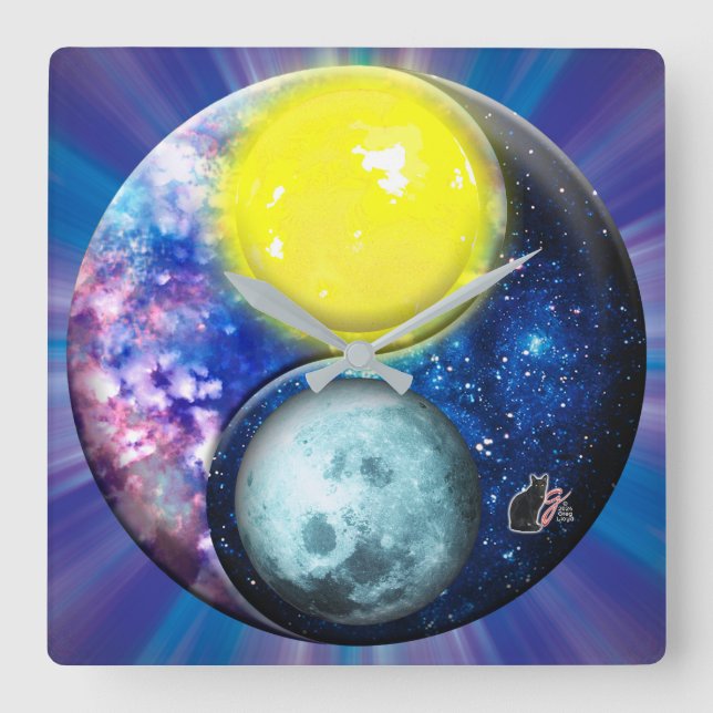 Yang-Yin / Sun-Moon Square Wall Clock (Front)