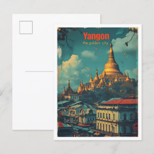 Yangon Myanmar Vintage Art Travel Illustration Postcard