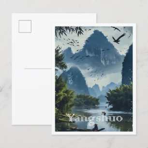 Yangshuo China Vintage Art Travel Illustration Postcard