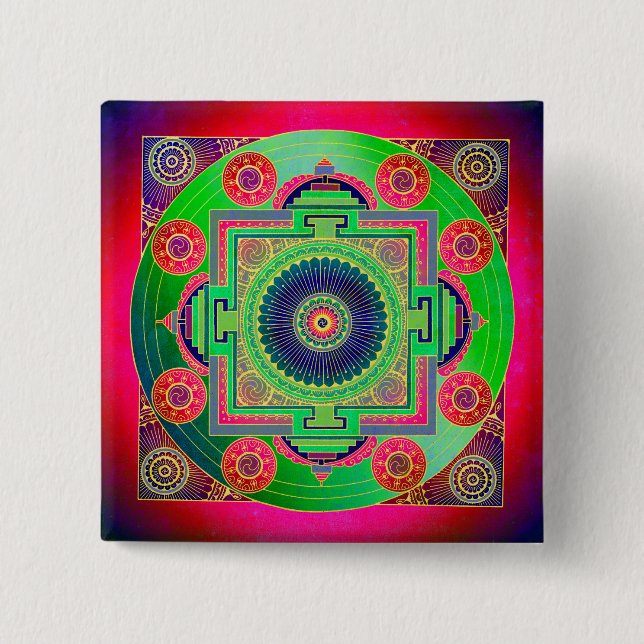 YANTRA - the great wheel - green pink 2 Inch Square Button (Front)