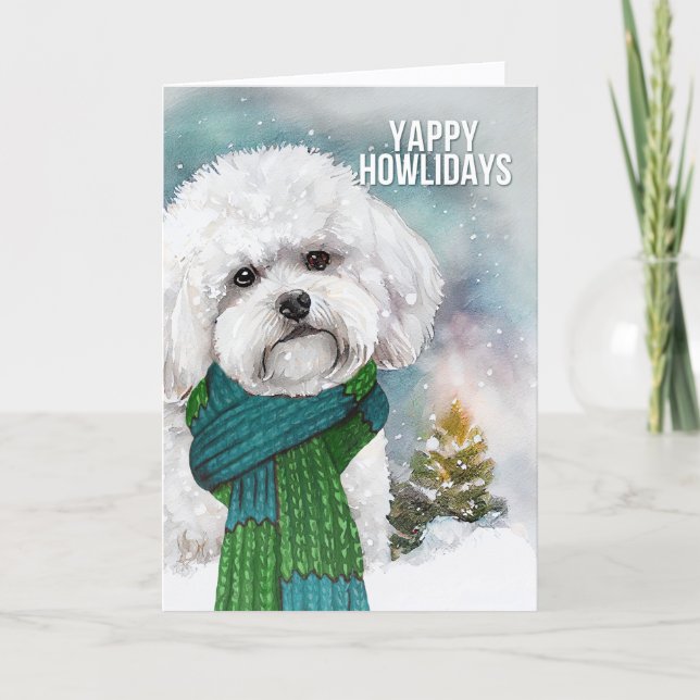 Yappy Howlidays Bichon Frise Dog Christmas Holiday Card (Front)