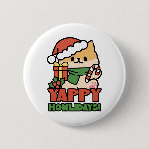 Yappy Howlidays - Cute Christmas Dog Cartoon 2 Inch Round Button