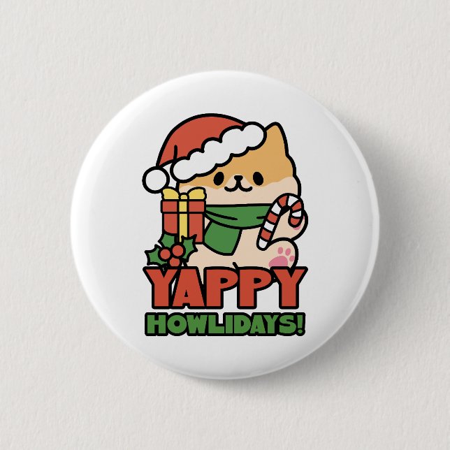 Yappy Howlidays - Cute Christmas Dog Cartoon 2 Inch Round Button (Front)