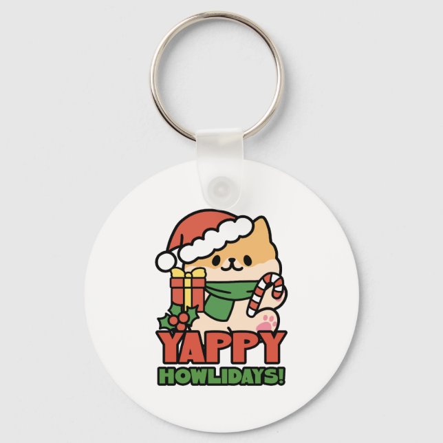 Yappy Howlidays - Cute Christmas Dog Cartoon Keychain (Front)