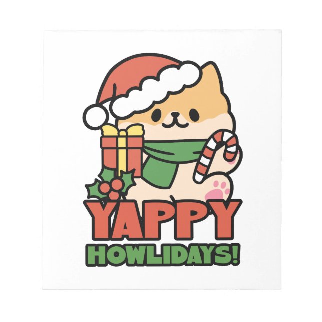 Yappy Howlidays - Cute Christmas Dog Cartoon Notepad (Front)