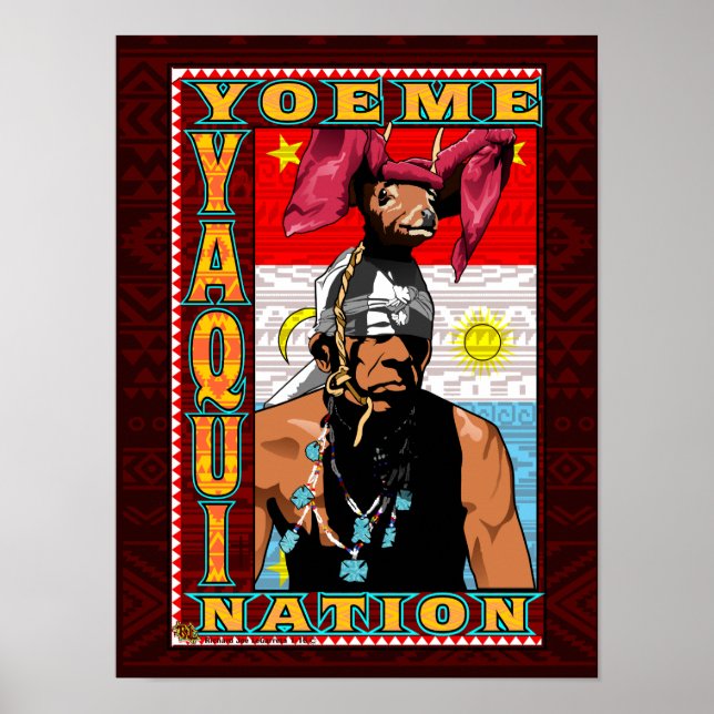 Yaqui Deer Dancer Yoeme poster print on deep red (Front)