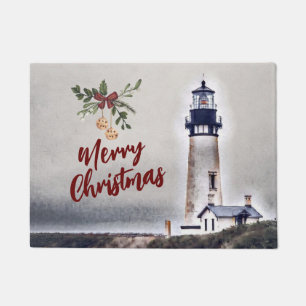 Yaquina Head Lighthouse Merry Christmas Holiday Doormat