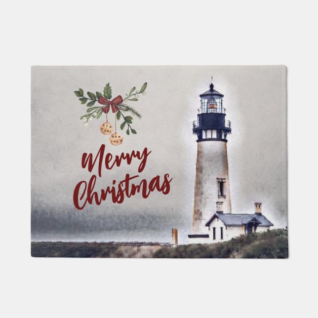 Yaquina Head Lighthouse Merry Christmas Holiday Doormat (Front)