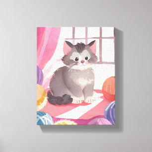 Yarn Ball Kitten Cat Watercolor Painting Canvas Print