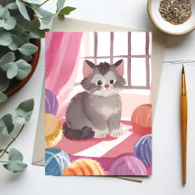 Yarn Ball Kitten | Cat Watercolor Postcard