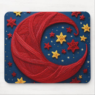 Yarn Crescent Moon And Stars On A Blue Background Mouse Pad