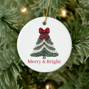 Yarn Faux Embroidery Christmas Tree Merry Bright Ceramic Ornament