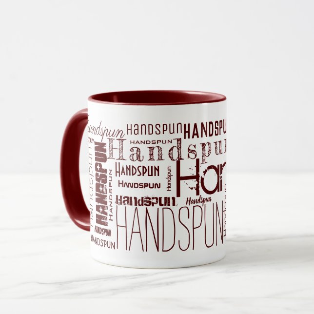 Yarn HANDSPUN! Typography Red Maroon Mug (Front Left)