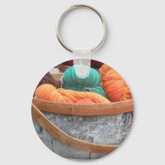 Yarn in birch bark basket keychain
