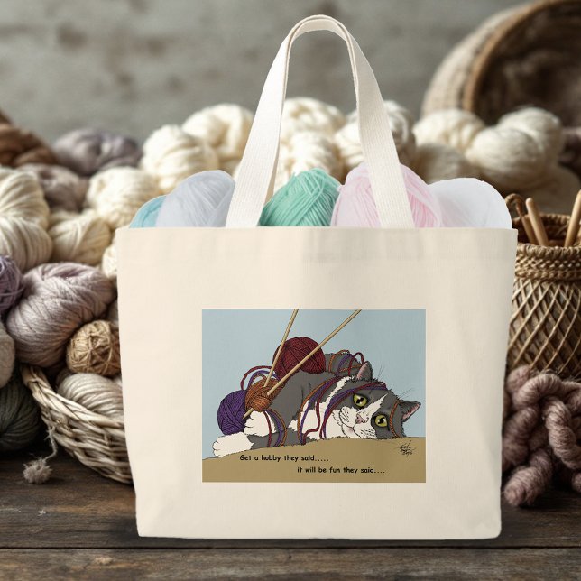 Yarn Knitting Funny Cat Large Tote Bag (Creator Uploaded)