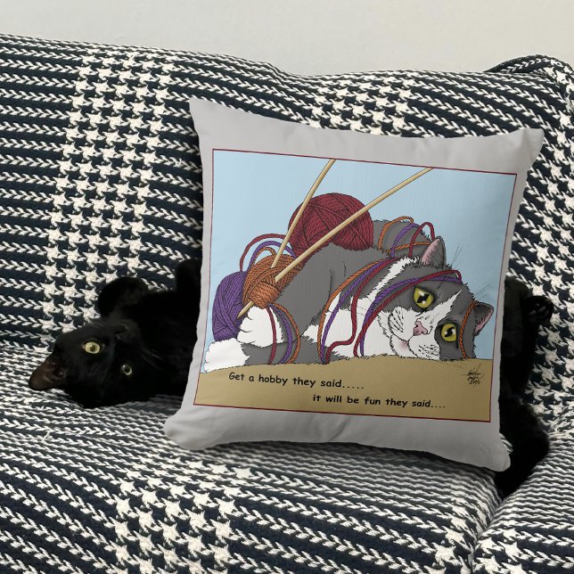 Yarn Knitting Funny Cat Throw Pillow (Creator Uploaded)