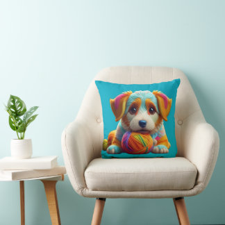 Yarn Puppy Colourful Doggy Made of Yarn Throw Pillow