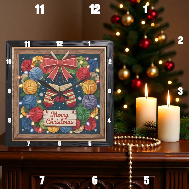 Yarn Wreath Knitting Merry Christmas Square Wall Clock (Creator Uploaded)