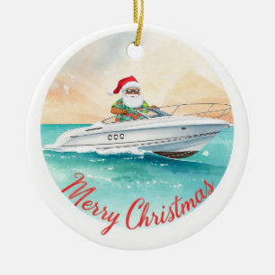 Yatch Merry Christmas Santa Sailing on a Yacht Ceramic Ornament