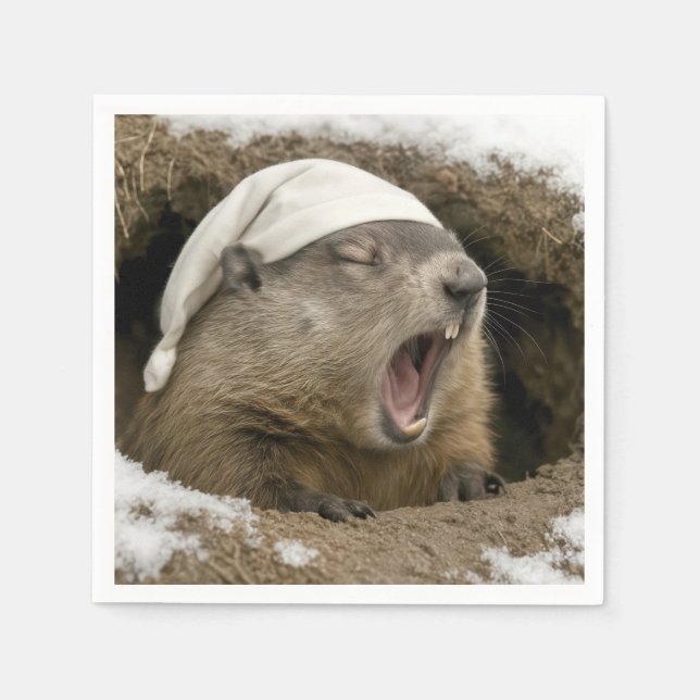 Yawning Groundhog Wearing a Nightcap Napkin (Front)
