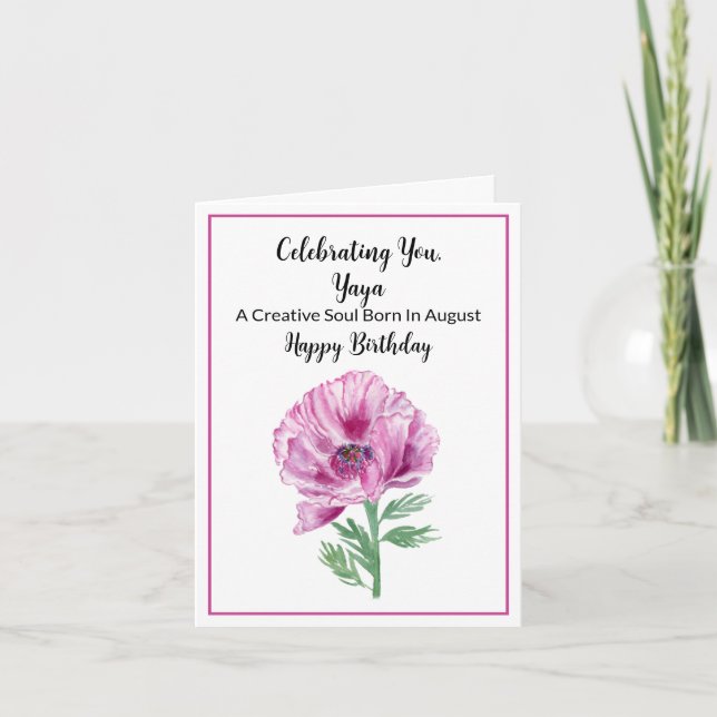 Yaya Happy August Birthday Purple Poppy Card (Front)