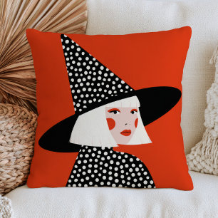 Yayoi Kusama Inspired Dotted Witch Girl Halloween Throw Pillow