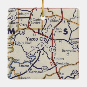 Yazoo City MS Vintage Map Ceramic Ornament