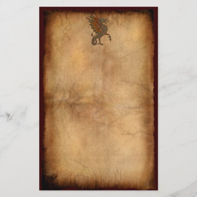 Ye Old Medieval Dragon on Parchment Design Stationery (Front)
