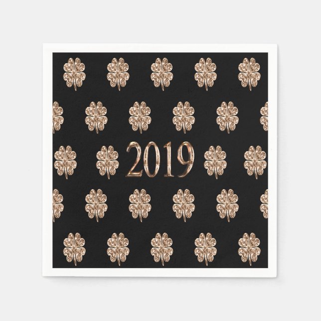 Year 2019 Black and Gold Four Leaf Clover Pattern Napkin (Front)