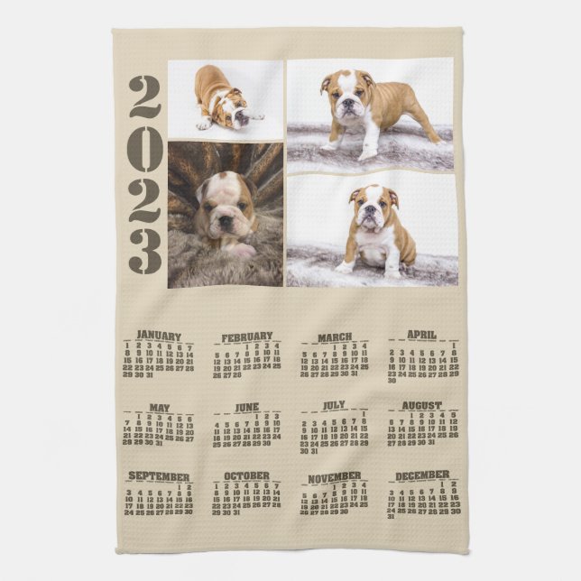Year 2023 Calendar Dog Pet 4 Photo Collage Kitchen Towel (Vertical)