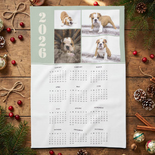 Year 2026 Calendar Dog Pet 4 Photo Collage Kitchen Towel